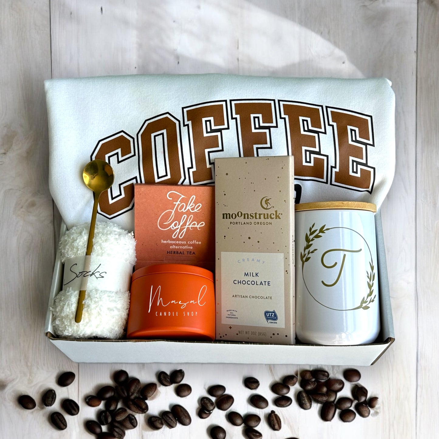 Cozy Coffee Lover Gift Box - Artisan Chocolate, Handmade Candle, Monogram Mug and more